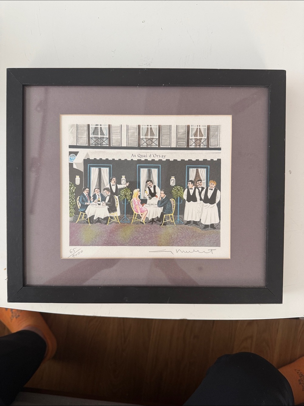 Framed Café Scene Wall Art in Black Frame with Mauve Mat
